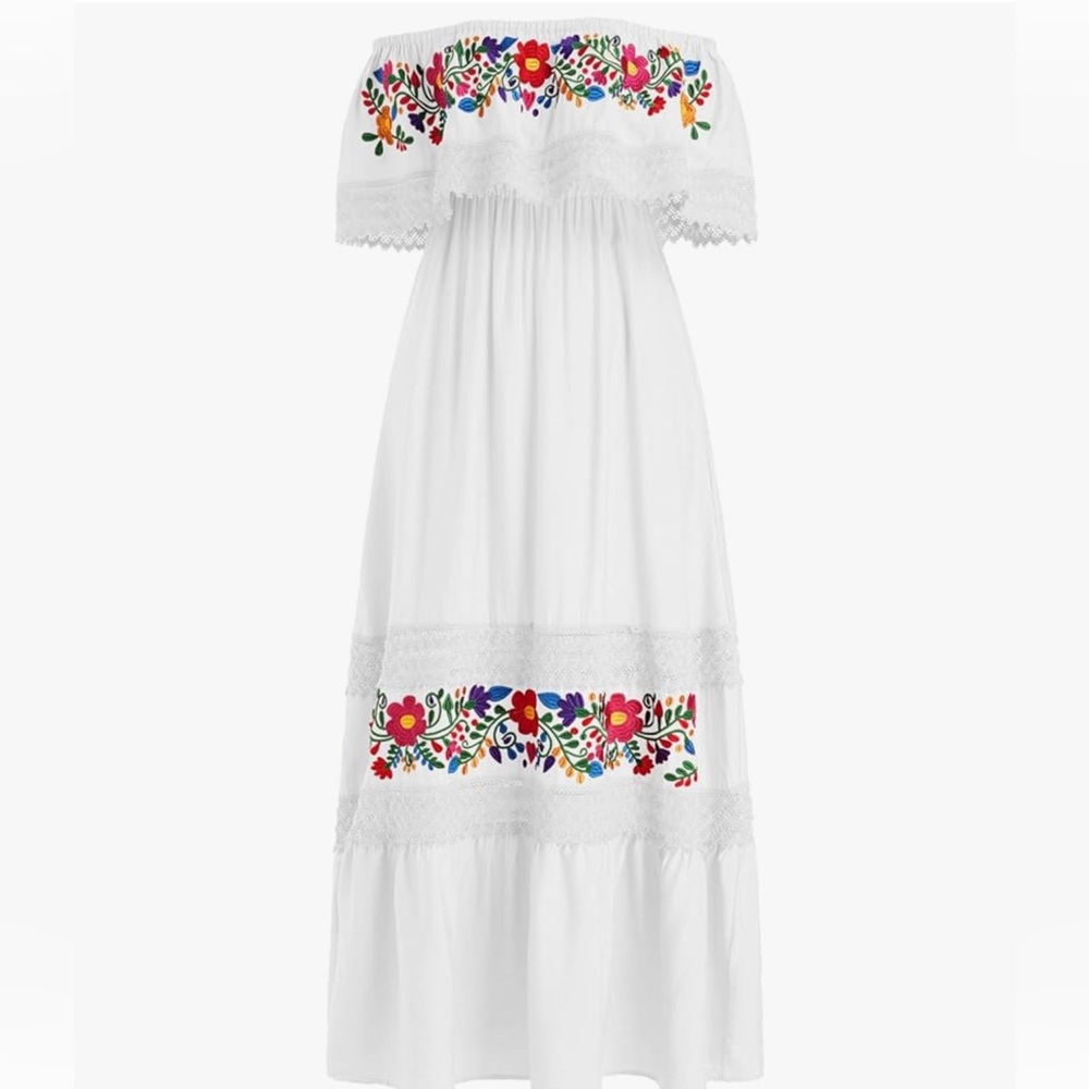 Long white Mexican dress with traditional print size small Dress